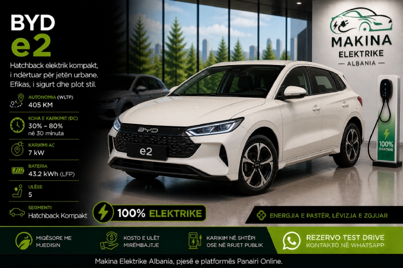 BYD e2, makinë elektrike hatchback ekonomike dhe praktike, ideale për përdorim të përditshëm në qytet, taxi, biznes dhe lëvizje me kosto minimale.